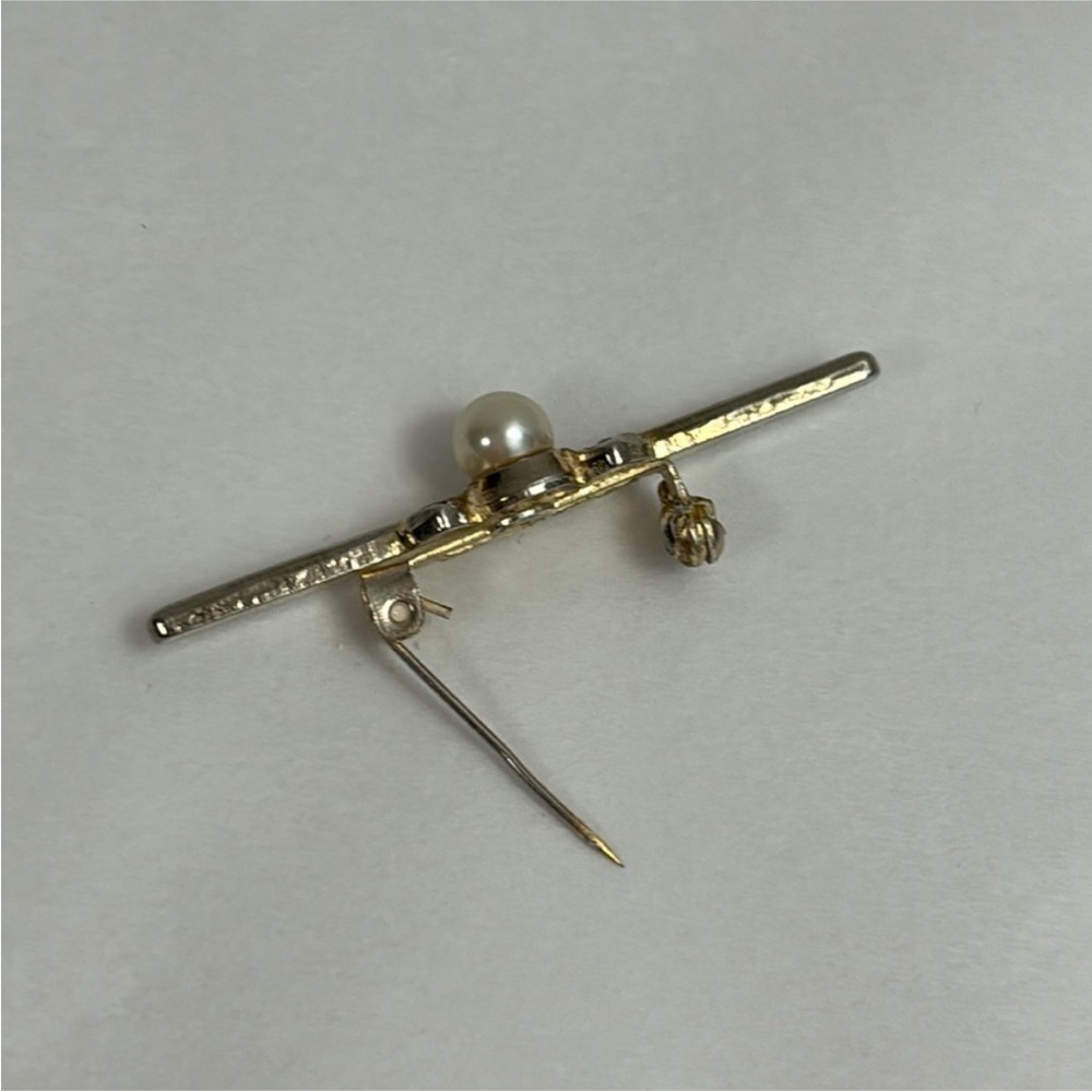 Vintage Faux pearl brooch art nouveau pin gold tone bar design black enamel - Picture 10 of 10